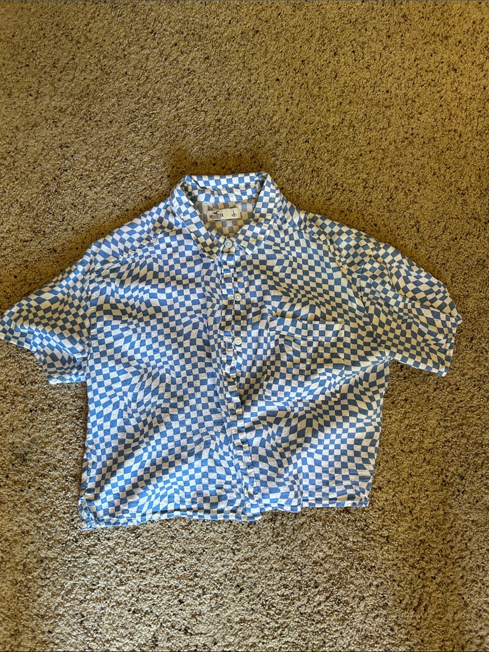 Hollister Women’s Blue and White Check Short-Sleeve Shirt